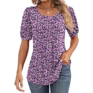 Women's Puff Short Sleeve Tunic Tops Pleated Crew Neck Blouses Casual Loose